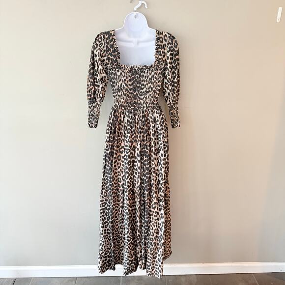 GANNI Leopard Print Maxi Dress Smocked Silk Blend EU 32 US 0 Mob Wife Luxury - Picture 7 of 16